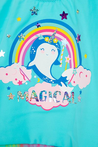 Penti Costum de baie pentru fetiță, albastru, cu unicorn magic și cu detaliu din tul