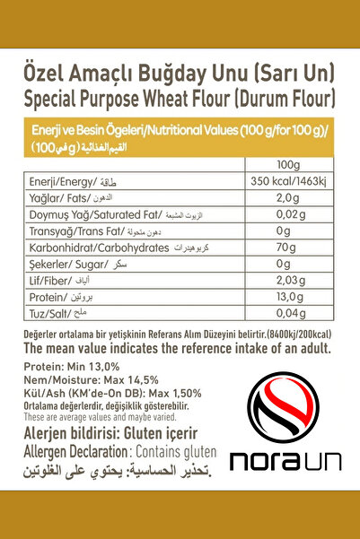 NORA UN Sarı Buğday Unu ( Durum Buğdayı) 1 Kg 6 Adet (vegan)