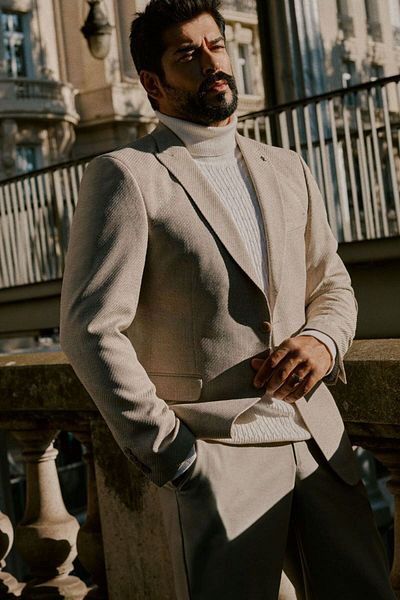 ALTINYILDIZ CLASSICS Slim Fit Slim Fit Μπεζ μπουφάν με μοτίβο γιακά χελιδονοουράς με τσέπη με κάλυμμα