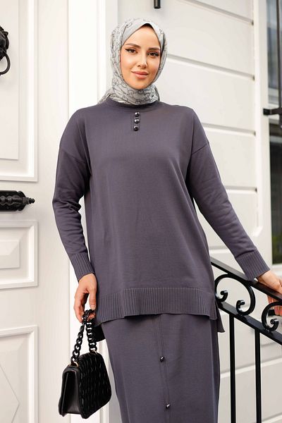 Pamuk Butik Women's Mercerized Stone Detailed Skirted Double Knitwear Suit