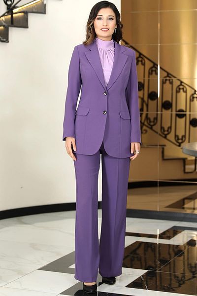 Esilanur Purple Atlas Hijab Pants Jacket Set