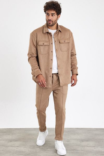 MADZEYMODA New Season Ανδρικά Παντελόνια και Πουκάμισα 2 τεμαχίων Mink Suede Σετ Mz0802