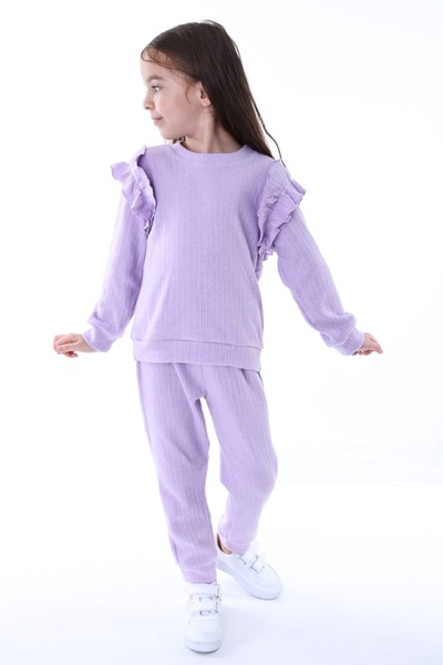 minitrends Omuzdan Fırfırlı Şardonlu Pamuklu  Kız Çocuk Alt Üst Eşorfman Takım