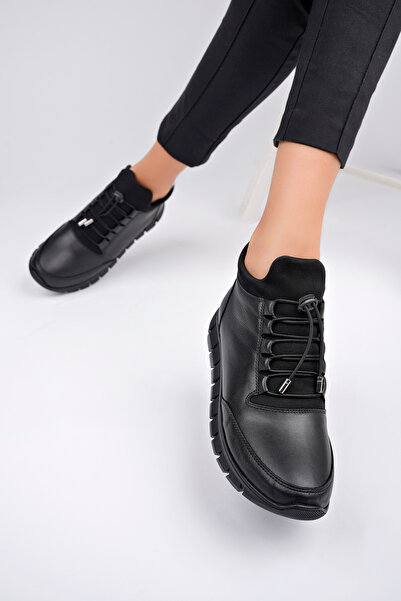 Deripabuc Hakiki Deri Siyah Kadın Anatomik Deri Bot Dp79-3615