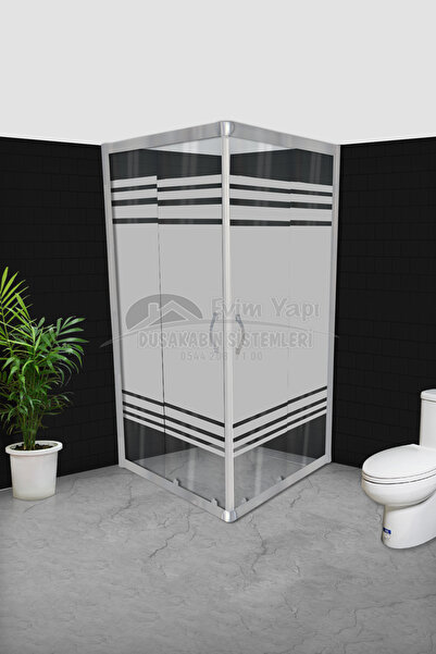 Evimduş Şerit Desen Kumlamalı Süper Lüks Profil 5mm Şeffaf Şişe Cam Kare Duşa...