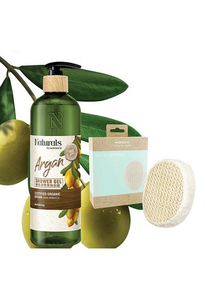 Naturals By Watsons جل استحمام بالأرغان 490 مل - مجموعة إسفنجة طبيعية من واتسون مكونة من قطعتين