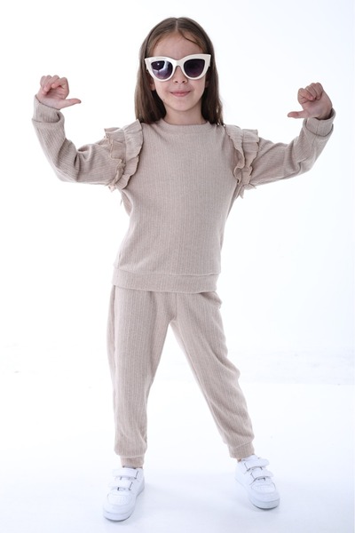 minitrends Komplet trenerke za devojčice sa naboranim ramenima Čupkani materi...