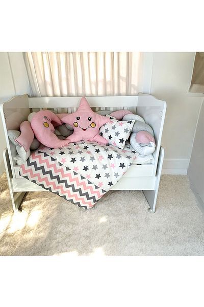 Aktehome Braided Baby Crib Edge Protection with Crescent and Star 6 Pieces Blue - White 50X100 Crib Set