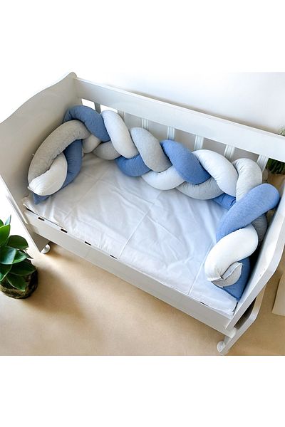 Aktehome Braided Baby Crib Edge Protection with Crescent and Star 6 Pieces Blue - White 50X100 Crib Set