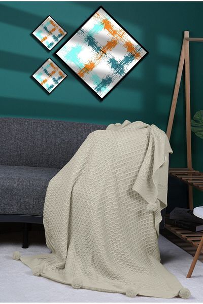 YGT Home Ecru Color 10 Tassel Basket Knitwear Knitted Tv Blanket - 130X170 Leg and Sofa Shawl