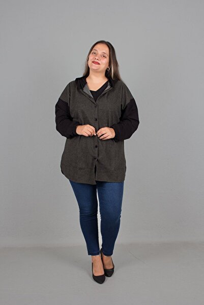 Truva XXL Green Oversize Hooded Shirt - Plus Size Jacquard Patterned