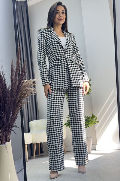 zks grup tekstil Black and White Houndstooth Jacket Trousers Double Set