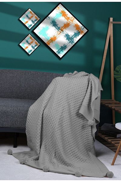 YGT Home Gray 10 Tassel Knitwear with Basket Blanket - 130X170 Leg Shawl and Decor