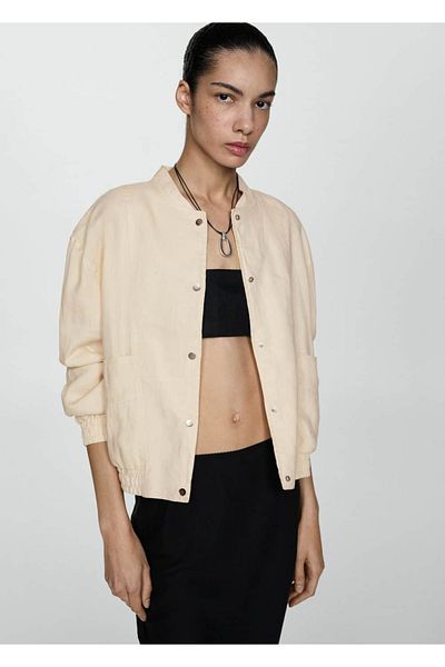 MANGO Woman Plátěná bunda s knoflíkem