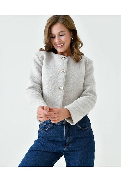 EsSo butik Regular Fit Crew Neck Tweed Blazer Boucle Jacket