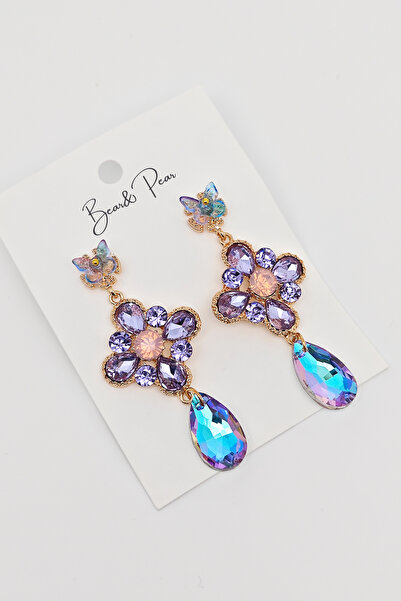 BearPear Korean Fashion Mor Kristal Taşlı Sallantılı Kadın Küpe