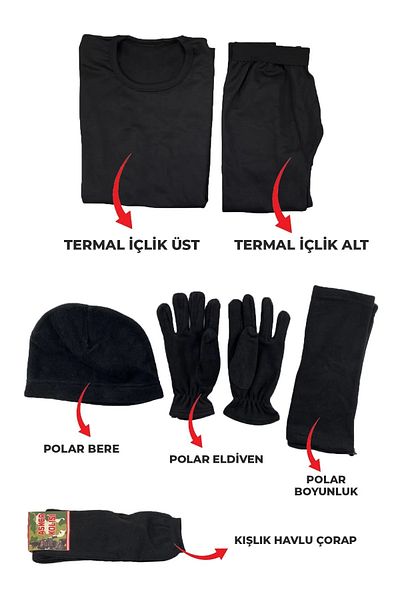 Alıç Комплект черен термобельо, шапка Polar Beanie, ръкавици, кърпа и чорапи
