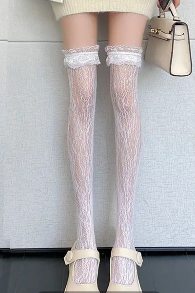 Giraffe Dantel Fileli Beyaz Diz Üstü Çorap Gothic Y2k Steampunk Lolita seksi ...