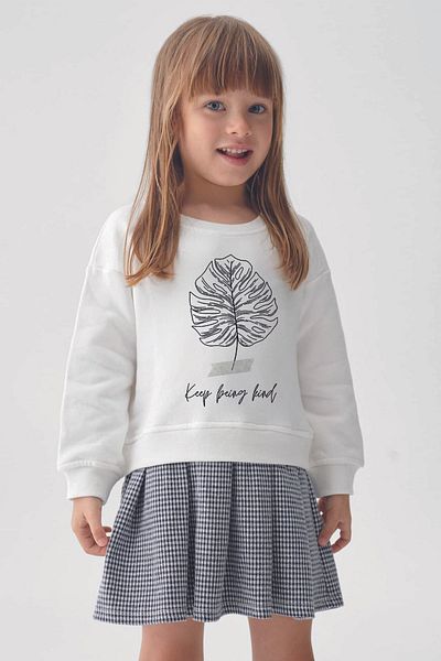 MYADA Kind Printed Sweatshirt and Plaid Check Skirt Set - 22701