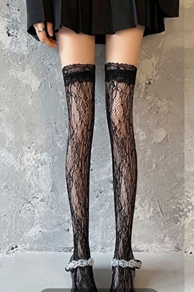 Giraffe Dantel Fileli Siyah Diz Üstü Çorap Gothic Y2k Steampunk Lolita seksi ...