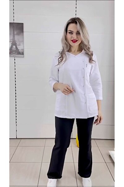 IG Çapraz Yaka Beyaz Üst Siyah Pantolon  Doktor Hemşire Forması