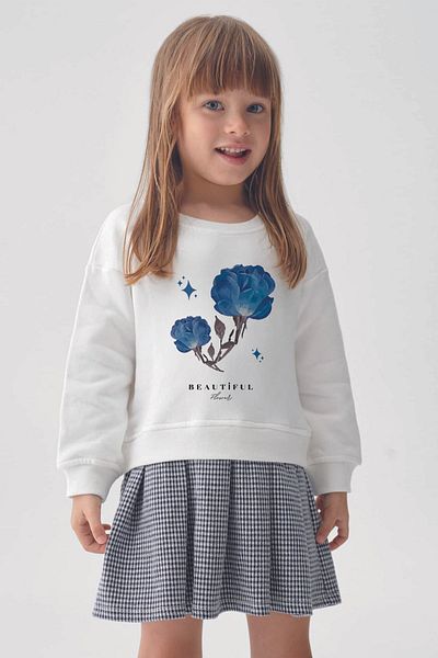 MYADA Beautiful Flowers Printed Sweatshirt Plaid Check Skirt Set 22693