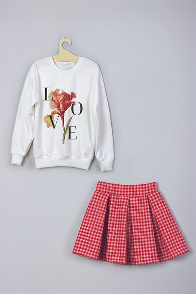 MYADA Floral Printed Sweatshirt Plaid Check Skirt Set