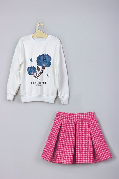 MYADA Beautiful Flowers Printed Sweatshirt Plaid Check Skirt Set 22693