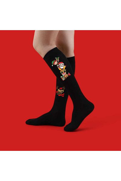 LİASSHOES Коледни черни чорапи до коляното с щампа