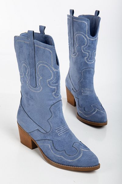 Ms Sugar Cizme de mijloc Western Cowboy pentru femei, albastre, brodate din piele intoarsa artificiala