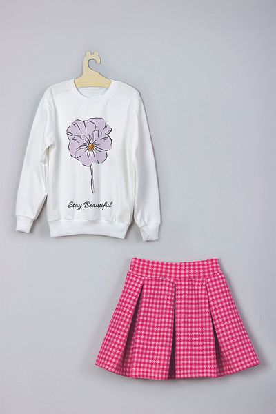 MYADA Plaid Patterned Stay Beautiful Flowers Sweatshirt and Checkered Skirt Set - 22700