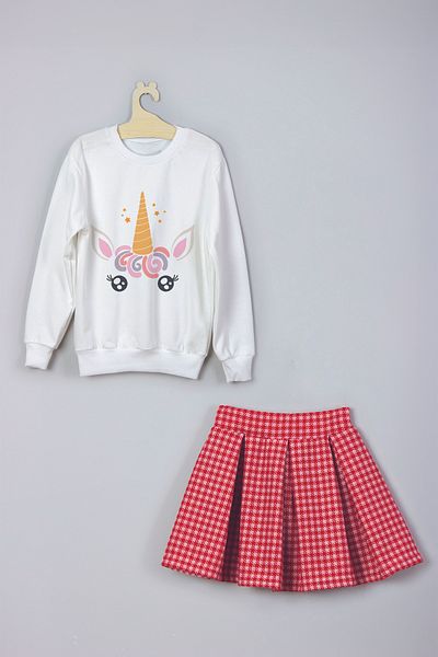MYADA Unicorn Printed Plaid Sweatshirt and Check Skirt Set - 22204
