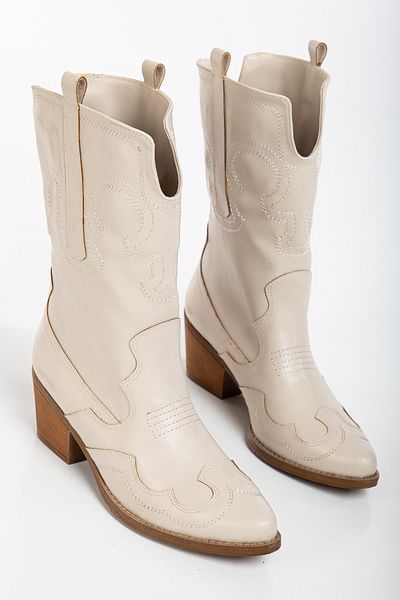 Ms Sugar Western Cowboy Γυναικείες Μπεζ Κεντημένες Κοντές Μπότες από συνθετικό δέρμα