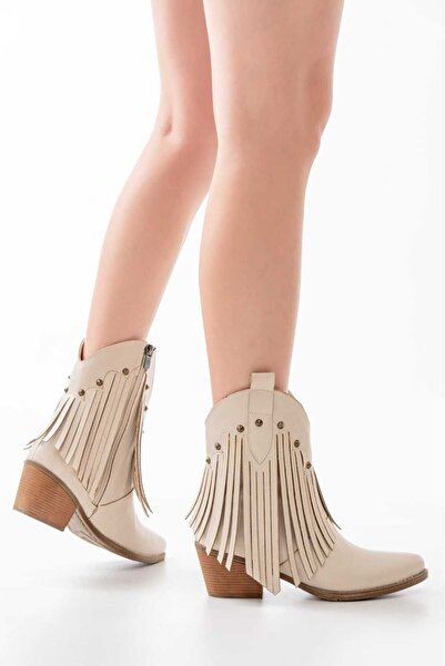 Ms Sugar Kadın Bej Deri Nakışlı Püsküllü Kovboy Kısa Bot