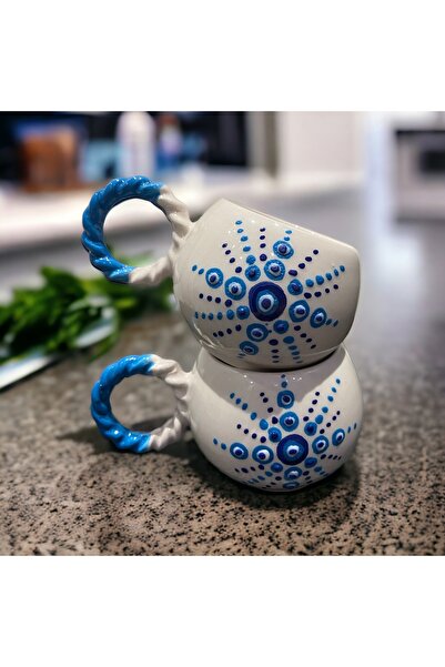 İZart 2 ‘ Li Örgü Kulp Baloncuk Yıldız Nazar Desenli Özel Kabartmalı El Yapımı Seramik Kupa