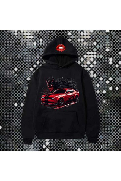 LİASSHOES Red Car Printed Hooded Teenage Sweat