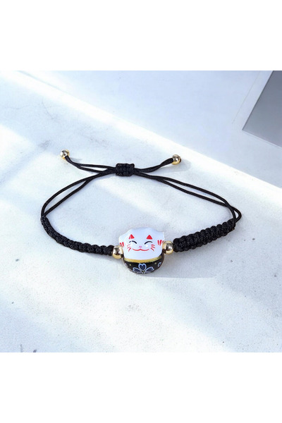BYDC Maneki Neko Şans Kedisi Seramik Örgülü Ayarlanabilir Şans Bilekliği Lucky Cat(MARTENİÇKA HEDİYELİ)