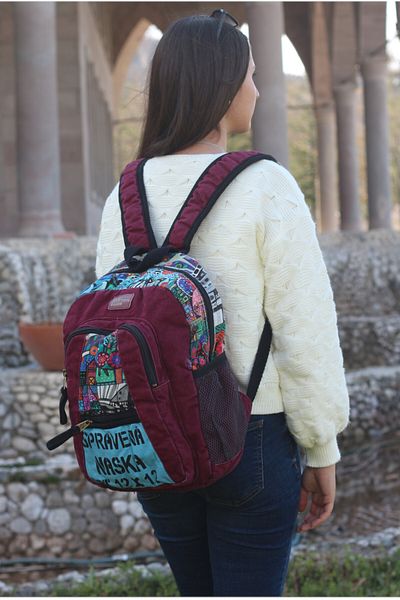 Old Cotton Cargo 5112 Elton Bag Patchwork 13'' ιντσών Laptop Σχολείο Βαμβακερό Ύφασμα Μπορντό Σακίδιο πλάτης
