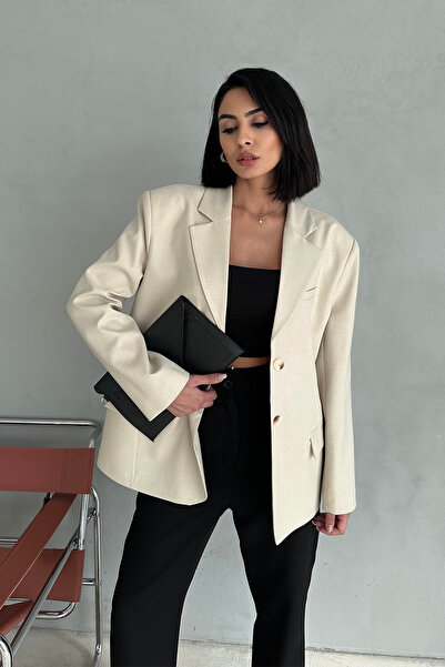 Ortaya Çık Bej Oversize Vatkalı Blazer Ceket