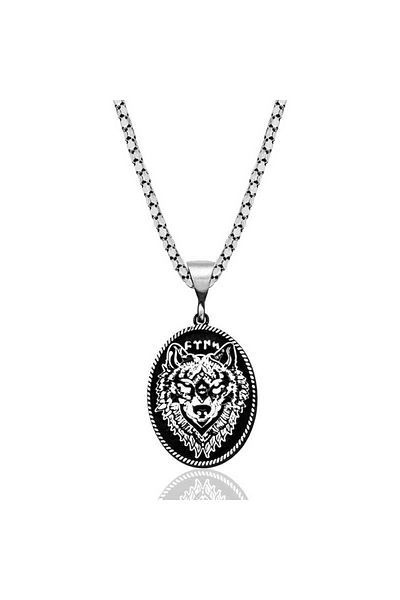 ECOME 925 Sterling Silver Black Background Wolf Motif Gokturkish Turkish Lettering Silver Necklace