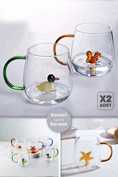 Madamev 2'li Figürlü Cam Bardak 3D Sevimli Karikatürler Bardağı Kawaii Renkli...