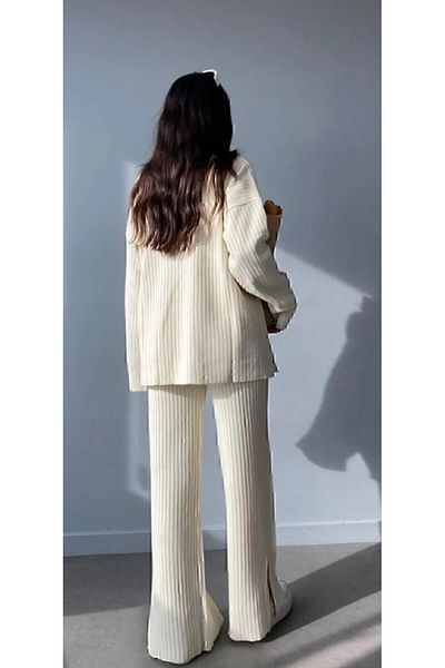 YILMAZ Women's Ecru Knitwear Set with Ribbed Collar and Side Zipper - Slit Leg