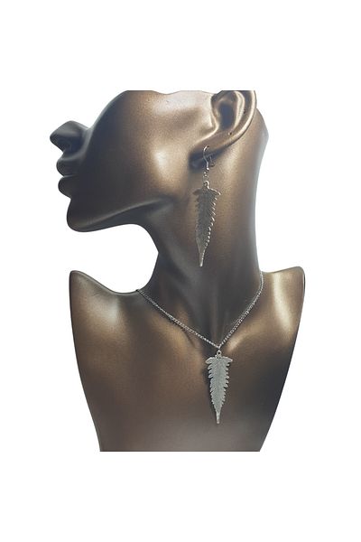 Ororabutik Silver Color 5cm Leaf Figured Necklace and Earring Set