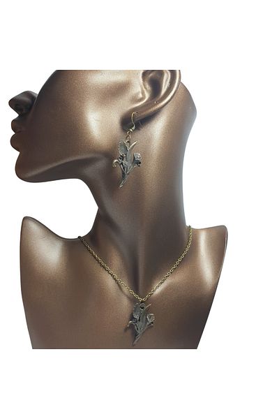 Ororabutik Orora Fairycore Flower Figured Antique Yellow-Bronze Color Necklace and Earring Set