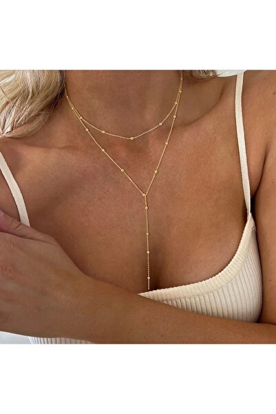 derokas Çelik Topçuk Uzun Zarif Şık Trend Y Kolye Gold
