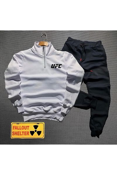 NEW TRENDY COLLECTİON New Season Cotton Half Zipper Ufc Printed Sweat- Cotton Sweatpants Set 2-Piece Bottom Top