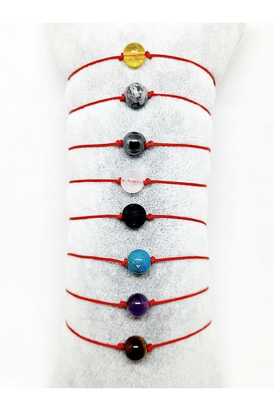 Kusakli 8-Piece Red String Natural Stone Bracelet Set - Citrine, Jasper, Hematite, Quartz, Lava, Varicide, Amethyst and Tiger Eye