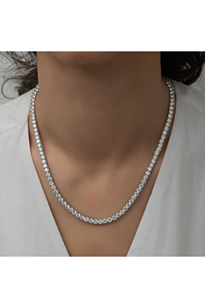 Genel Markalar Gümüş 3 mm Beyaz Taşlı Su Yolu Kadın Kolye