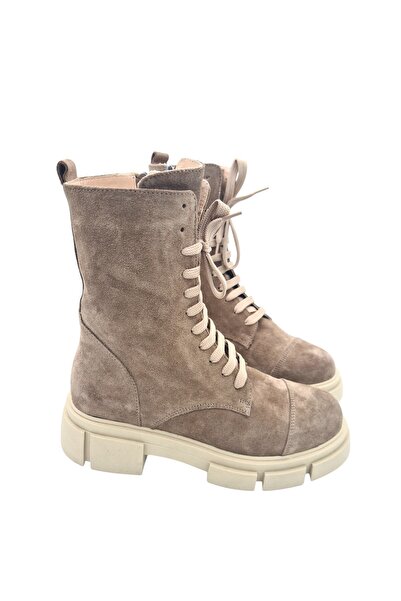 aayak&kabımofficial Hakiki Deri Bej Süet Bağcıklı Ve Fermuarlı Kadın Bot