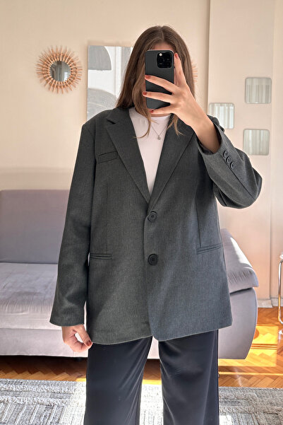 Sorridi Antrasit Premium Çift Düğmeli Oversize Blazer Ceket